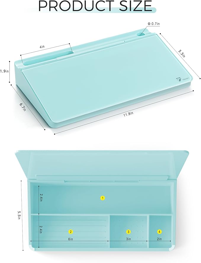 TOWON Small Compact Glass Desktop Whiteboard with Storage – 12 x 7 in Dry Erase Board for Desk, Home Office, School | Includes 5 Markers, Eraser & Holder | Space-Saving Organizer, Aesthetic Aqua Blue