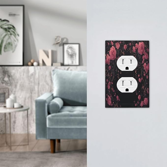 Outlet Covers Dark Background Red Rose Leaf 1 Gang Duplex Wall Plate Decorative Switch Plates Electrical Receptacle Faceplate Light Switch Cover for Bedroom living Room Decor