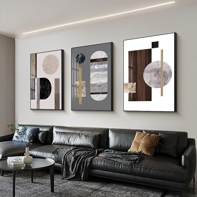 QKF Large Geometry Wall Art Modern Abstract Paintings Canvas Gallery for Living Room Bedroom Office Home Decorations Bright 3 Panels Geometric Square Circle Home Decorations 16“X 24”