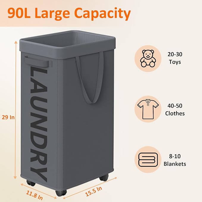 2 Pack Laundry Basket with Wheels, 90L Rolling Laundry Hamper with Wheels, Large Clothes Hamper on Wheel with Removable Mesh Bag for Bedroom, Dorm