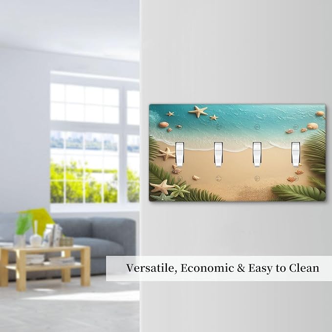 Light Switch Covers Summer Beach Themed Starfish Seashells Quad Toggle Electrical Faceplate 4 Gang Wall Plate Decorative Switch Plates for Bedroom Bathroom Decor