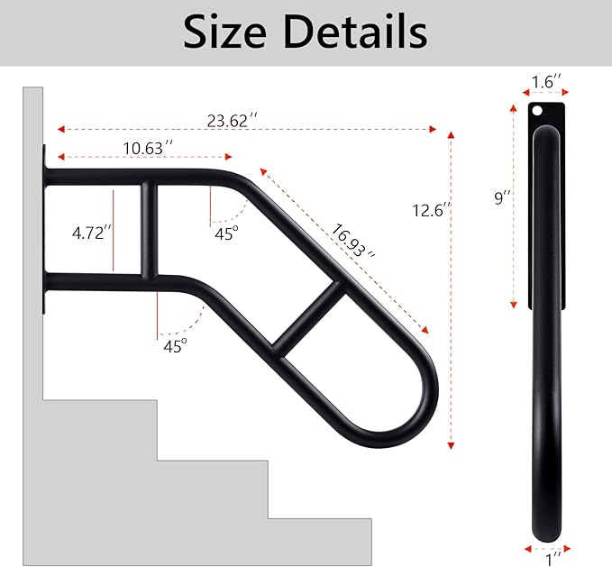 Hand Rails for Outdoor Steps & Elderly (Max 800LBS),U-Shape Wall Mount Stair Railing, Porch, Deck & Garden Grab Bar, Safety Handle for Garage, 2 Pack