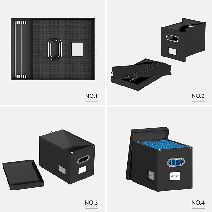 Hanging File Box with Lid, Set of 2 Filing Organizer Storage Box, Linen Collapsible Decorative Office/Home File Cabinet (14x9.3x10.9 inch) (Black)
