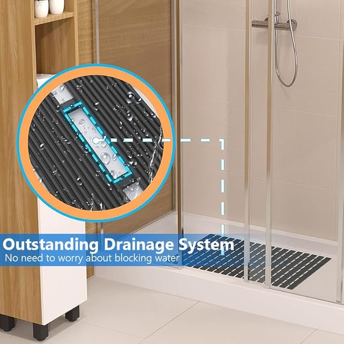 Bath Mat Non Slip Shower Mat Bathtub with Drain Holes and Heavy Duty Rubber No Suction Cups Sturdy Shower Stall Tub Mat for Bathroom, Shower Floor, Pool, SPA, (Black, 4FT X 18FT)