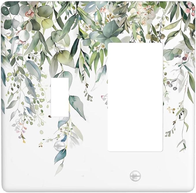 Sage Green Watercolor Eucalyptus Leaves Floral Flowers Outlet Covers 1 Toggle 1 Rocker Combination Decorative Wall Plate Electrical Switch Plates Light Switch Cover Plate for Farmhouse Bed Room Decor