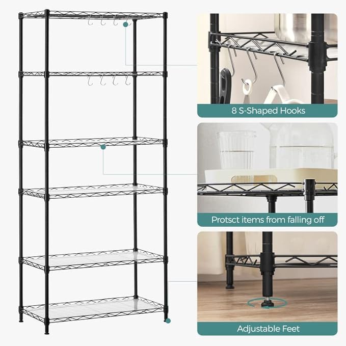 SONGMICS 6-Tier Storage Shelves, Wire Shelving Unit, Kitchen Metal Shelves, Storage Rack with Adjustable Shelves, Shelf Liners, 8 Hooks, for Garage, 11.4 x 23.2 x 63 Inches, Black ULGR066B01