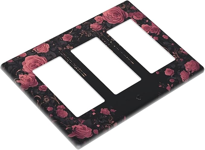 Light Switch Covers Dark Background Red Rose Leaf 3 Gang Rocker Electrical GFCI Decorative Triple Outlet Wall Plate Cover Switchplate for Bedroom living Room Decor