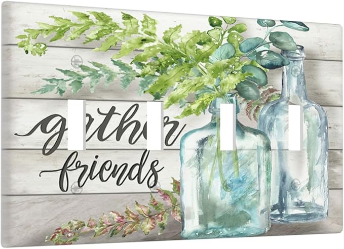 Light Switch Cover Watercolor Modern Flower 4 Gang Switch Plate Quad Toggle Wall Plates Floral Plant Wood Decorative Switchplate Electrical Outlet Cover Plates for Farmhouse Bathroom Decor