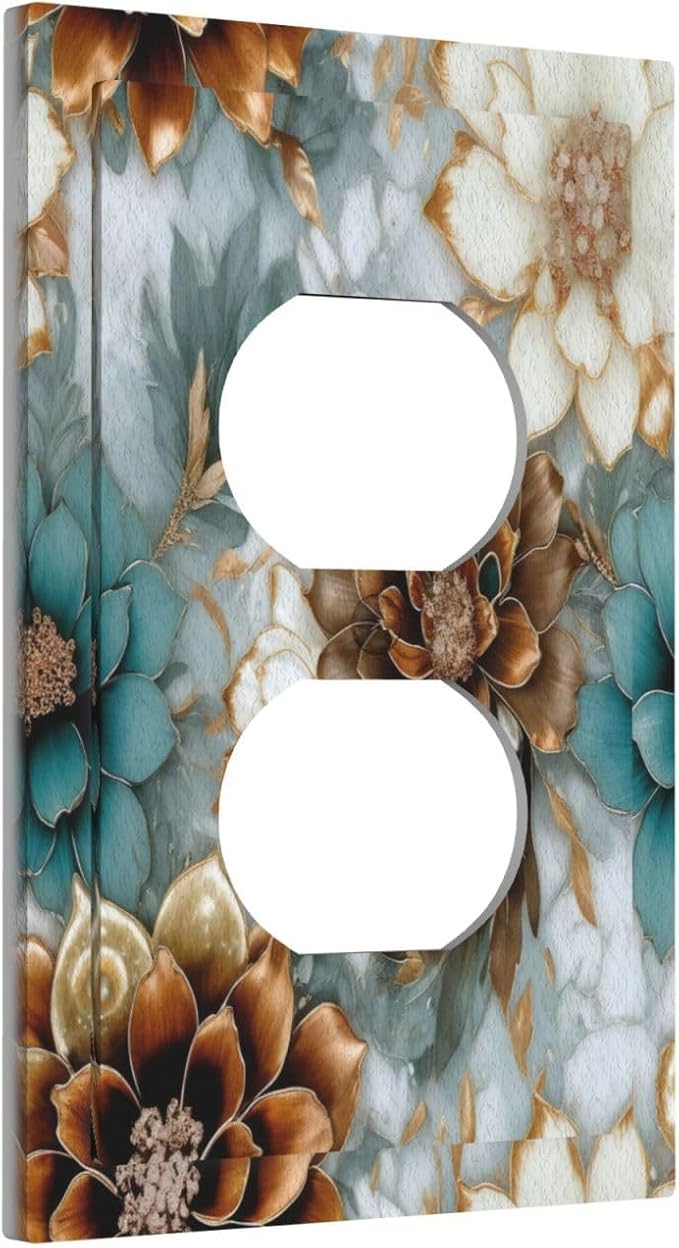 Vintage Marble Floral Gold/Green/White Metal Flowers 1 Gang Duplex Outlet Covers Decorative Single Light Switch Cover Electrical Receptacle Wall Plate Plug Switchplate Faceplate Bathroom Decor