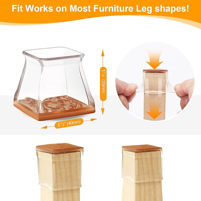 CHUNZEXI 36 Pack Square Chair Leg Floor Protectors for Hardwood Floors, Silicone Felt Covers Pads Caps, Protect Wood Furniture Feet Floors Noise Reduce and Scratch (Square Large & Clear)