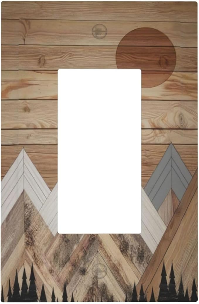Wooden Planks Mosaic Snow Mountain Sun Decorative Outlet Covers 1 Gang Single Rocker Light Switch Cover Plate Wall Plates GFCI Faceplate for Farmhouse Home Decor