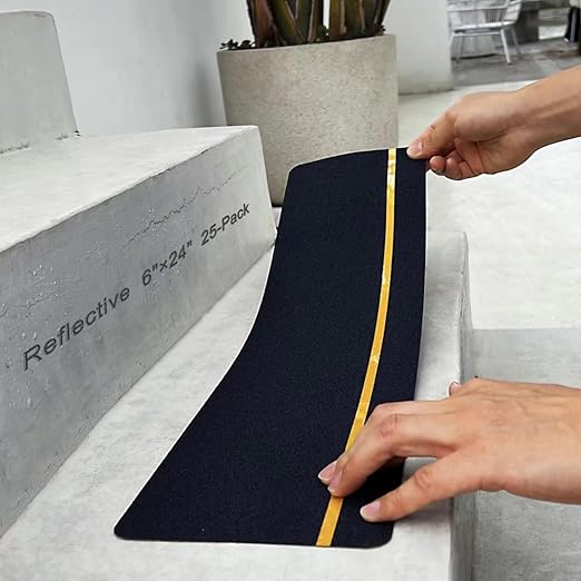 S&X Outdoor Stair Treads Non-Slip Grip Tape, 25-Pack 6” x 24” Pre-Cut Anti Slip Tape with Reflective Stripe, Heavy Duty Non-Skid Traction Tape for Wooden Steps, Concrete Stairs, Decks