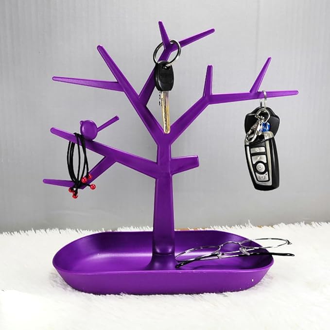 Tabletop Key Holder Stand Tree Key Rack,Stand Jewelry Display Necklace Ring Earring Holder Rack,Jewelry Organizer Tray Home Decor for Home Entryway (Purple)