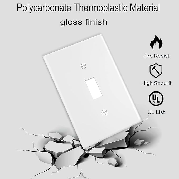 Mid-Size Toggle Light Switch Wall Plates 1-Gang 4.89" x 3.12" Switch Electrical Cover Plate Unbreakable Thermoplastic Faceplate, White (6 Pack)