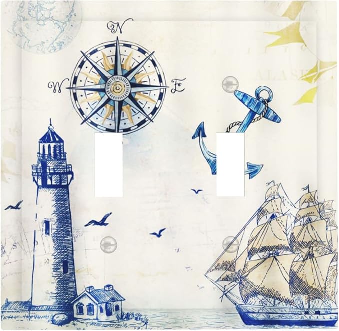 Nautical Sailboat Lighthouse Compass Anchor Double Toggle Light Switch Covers Plate Decorative 2-Gang Wall Plate Cover Rustic Dual Device Electrical Switchplate Faceplate for Country Bathroom