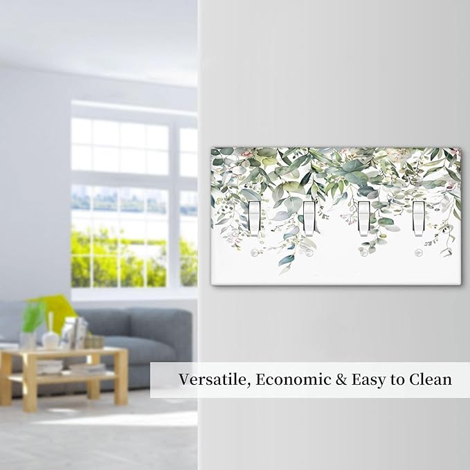 Sage Green Watercolor Eucalyptus Leaves Floral Flowers Light Switch Covers Quad Toggle Electrical Faceplate 4 Gang Wall Plate Decorative Switch Plates for Farmhouse Bed Room Decor
