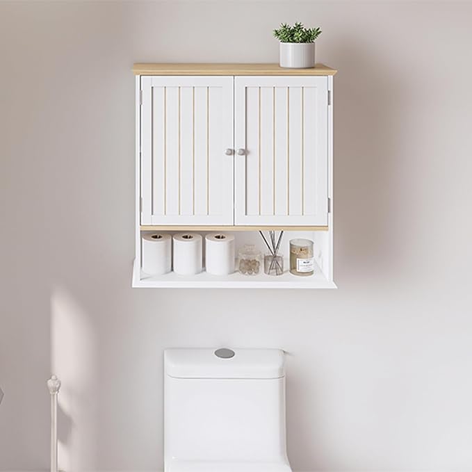 Over The Toilet Bathroom Wall Cabinet with 2 Doors & Open Shelf – Space Saving Medicine Cabinet, Wooden Wall Mounted Storage Cupboard for Bathroom Organization White