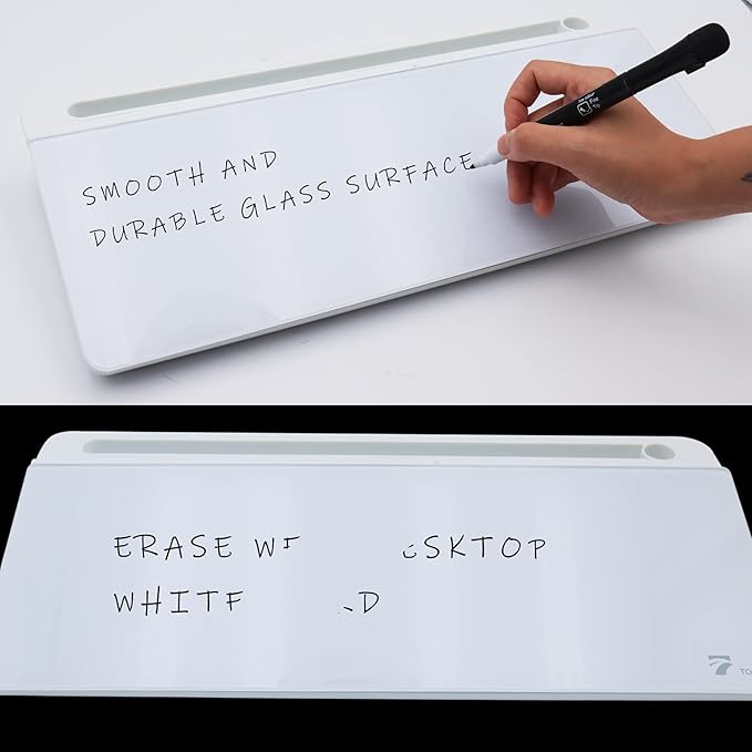 TOWON Small Tilted Desktop Glass Whiteboard, Notepad Computer Keyboard Stand with Dry Erase Board Surface, Desk Organizers with Accessories for Office, Home, School Supplies, White, 17 x 6 Inches