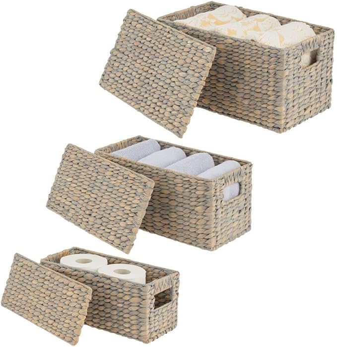 mDesign Woven Water Hyacinth Rectangle Storage Organizer Basket Bin with Topper Lid and Handles - Natural Farmhouse Holder Containers for Closet, Bedroom, Bathroom, Office - Set of 3 - Gray