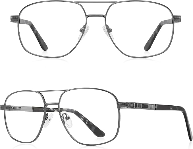 RB. Pilot Reading Glasses for Men Square Double Bridge Light Blocking Computer Readers Spring Hinge Metal Frame Acetate Legs
