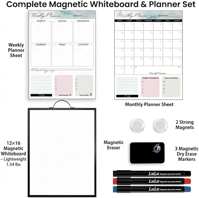 Small Whiteboard 12 x 16 Inch Magnetic Dry Erase Board with Handle | Gold Aluminum Frame | Double-Sided Planner Board with Weekly & Monthly Sheets | 3 Markers, Eraser & 2 Magnets