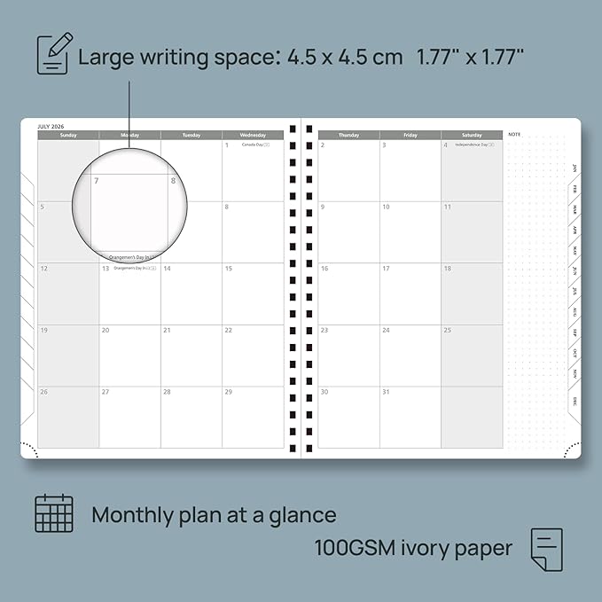 POPRUN 2026 Planner Weekly Notebook Calendar (Jan-Dec), Large Size 8.5'' x 10.5'' - Agenda 2026 Appointment Book with Monthly Tabs, Inner Pocket, Spiral Soft Cover, 100 GSM - Petrol