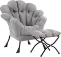 Lazy Chair with Ottoman, Modern Floral Reading Chair with Folding Footrest, Lounge Accent Chairs, Comfortable Oversized Armchairs for Bedroom, Living Room, Courtyard, Light Grey