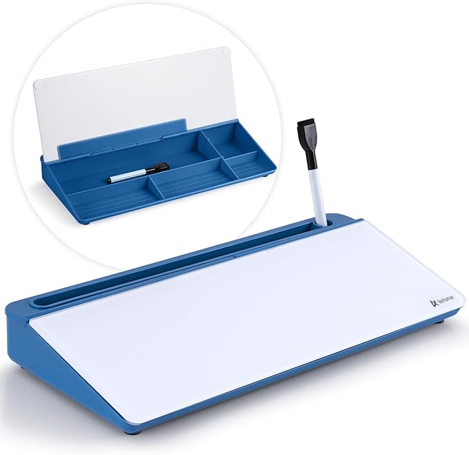 Varhomax Glass Desk Whiteboard with Storage, Desktop Organizer Dry Erase White Board to-do List Memo for Home Office and School Supplies (Blue)