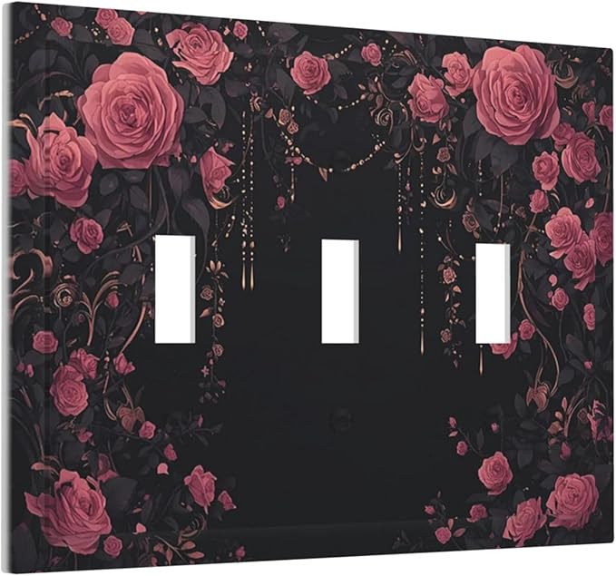 Decorative Switch Plates Dark Background Red Rose Leaf 3 Gang Wall Plate Triple Toggle Light Switch Cover Faceplate Electrical Wall Panels for Bedroom living Room Decor