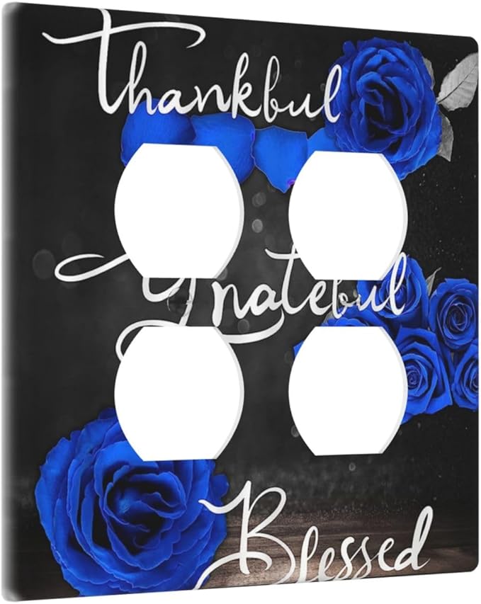 Decorative Light Switch Cover Plate Blue Rose Thankful Grateful Blessed 2 Gang Socket Covers Double Duplex Wallplates Switch Plates and Outlet Covers for Bedroom Bathroom Decor