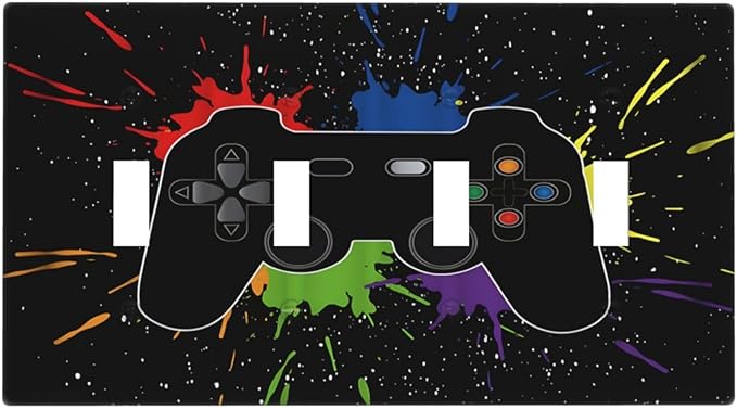 Classic Videogames Controller Black Splash Ink Colorful Light Switch Covers Quad Toggle Electrical Faceplate 4 Gang Wall Plate Decorative Switch Plates Cover for Kids Room Nursery Decor