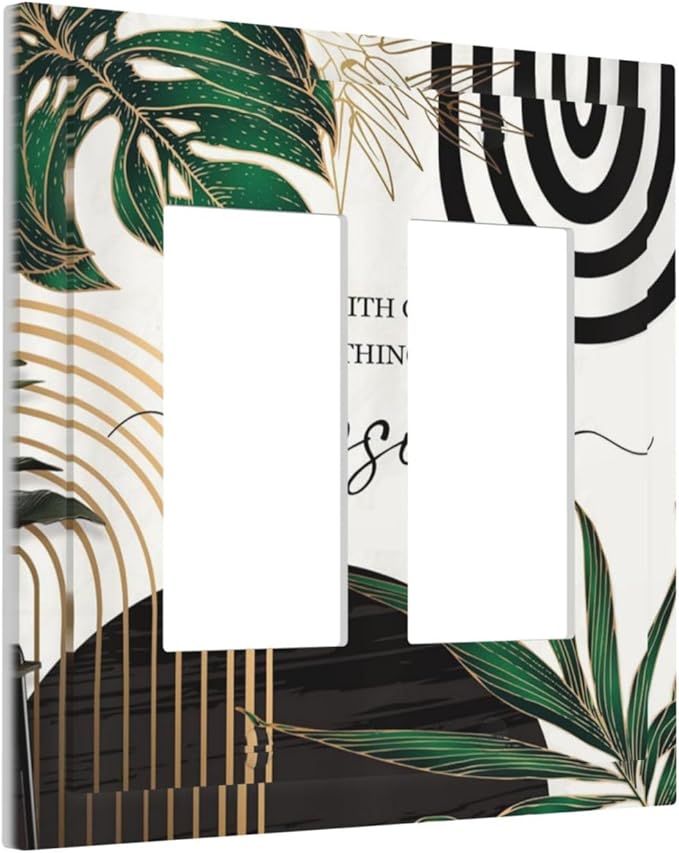 Boho Abstract Tropical Green Palm Leaf Mid Century Decorative Outlet Covers 2 Gang Double GFCI Rocker Electrical Wall Panels Light Switch Cover Plate for Office Home Decor