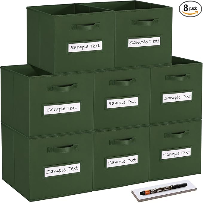 artsdi Fabric storage cubes (8 Pack) 11 Inch Cube Storage Bin, cube organizer bins with 8 Labels Window Cards & a Pen, Foldable cube organizer bins and Storage Box, Dark Green