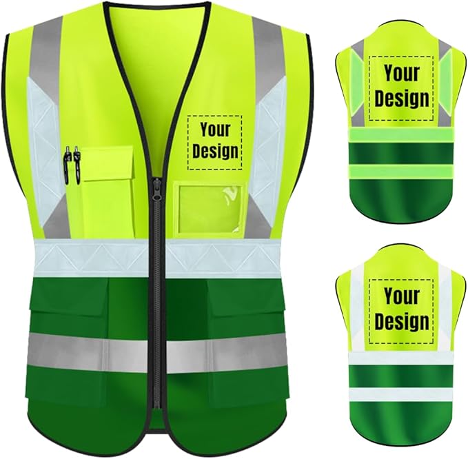 YOWESHOP High Visibility Safety Vest Custom Your Logo Protective Workwear 5 Pockets With Reflective Strips Outdoor Work Vest (2XL, Yellow Green Luminous)