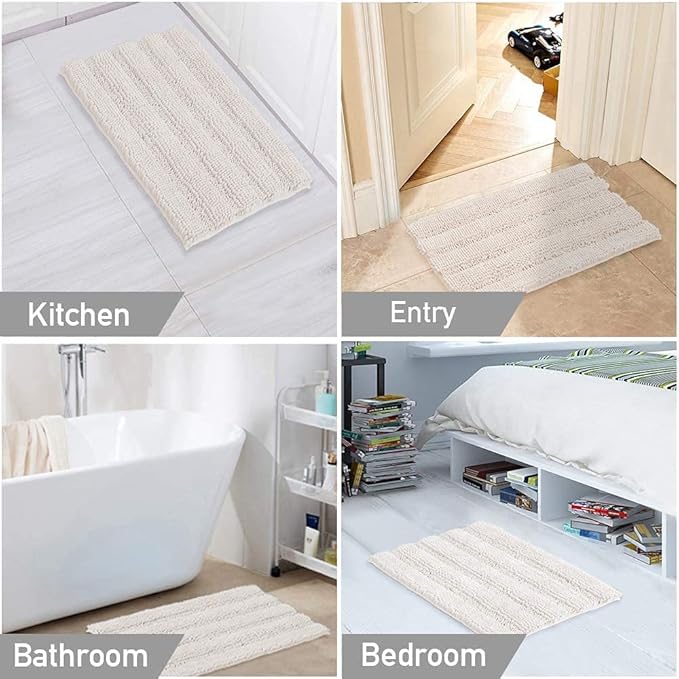 Turquoize Chenille Bath Rugs Shaggy Non Slip Bath Mat 17 x 24 Extra Soft Absorbent Area Rug, 17"x 24", Ivory