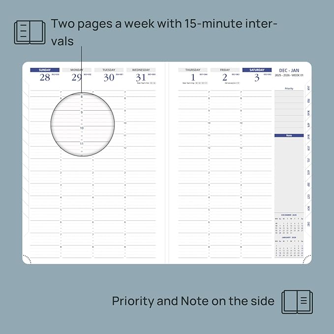 POPRUN 2026 Weekly Planner (A4 Size-8.25'' x 11.75''), 15-Minute Appointment Book (Jan 2026-Dec 2026) with Monthly Tabs, Inner Pockets, Pen Holder, PU Leather Softcover, 100GSM - Black