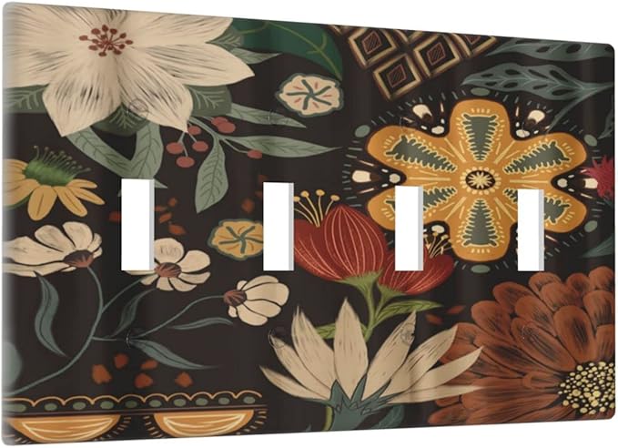 Boho Floral Tropical Leaves Quad Toggle Artistic Light Switch Covers Decorative Bohemian Flowers Botanical 4 Gang Wall Plates Cover 4 Hole Electrical Device Switchplates for Country Bathroom