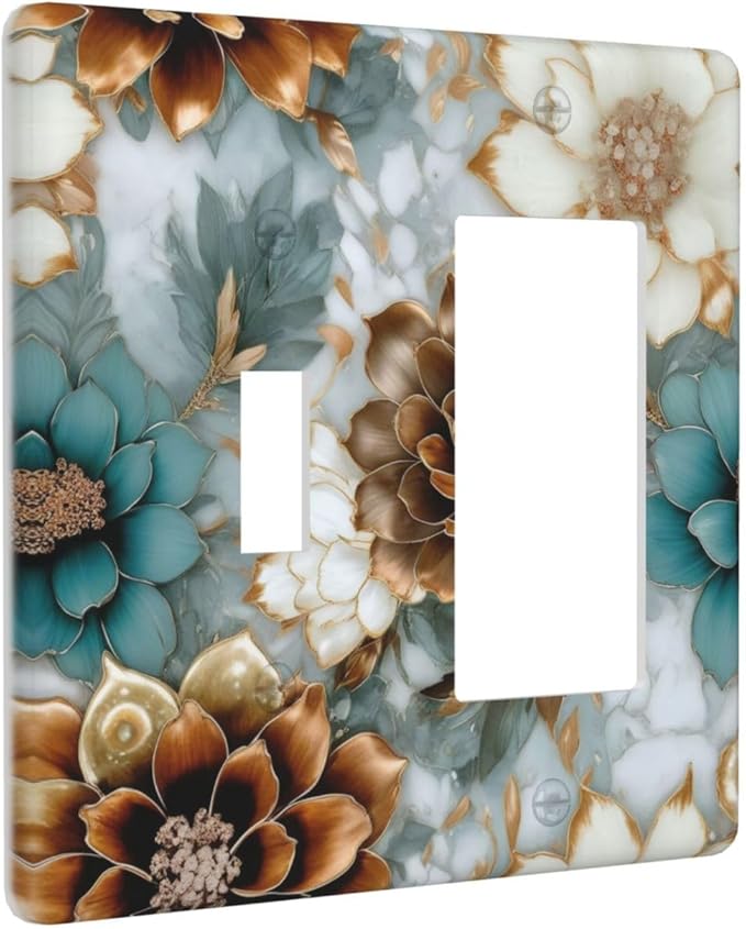 Vintage Marble Floral Gold/Green/White Metal Flowers 2 Gang Combination Light Switch Covers Decorative Toggle Rocker/Decora Wall Plate Electrical Receptacle Switchplate Dimmer Faceplate