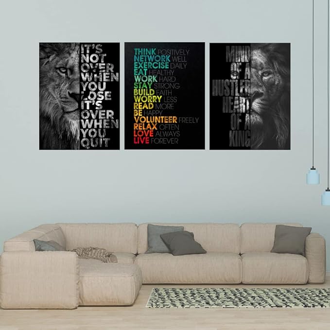 Unbruvo Motivational Office Wall Art Inspirational Canvas Wall Art Lion Picture Print Entrepreneur Quote Wall Painting 3 Pieces Artwork for Living Room Bedroom Classroom Home Decor(72”Wx36”H)