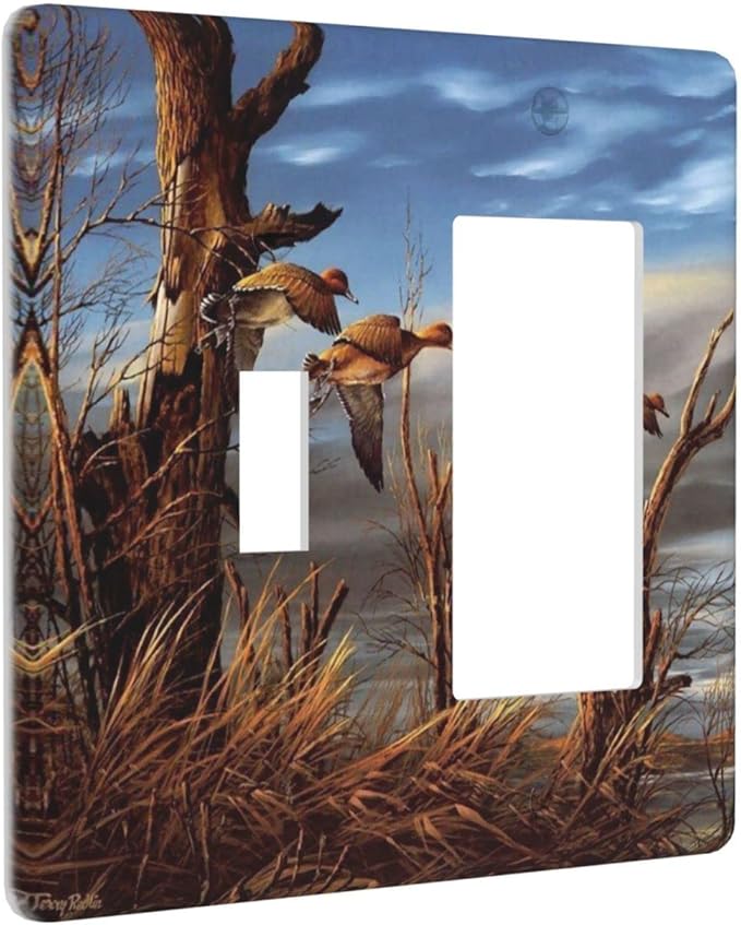 Outlet Covers Hunting Flying Wild Ducks 2 Gang Toggle Rocker Combination Wall Plates Decorative Light Switch Cover Fall Lakeside Reed Wildlife Animal Mallard Receptacle Electrical Switchplate
