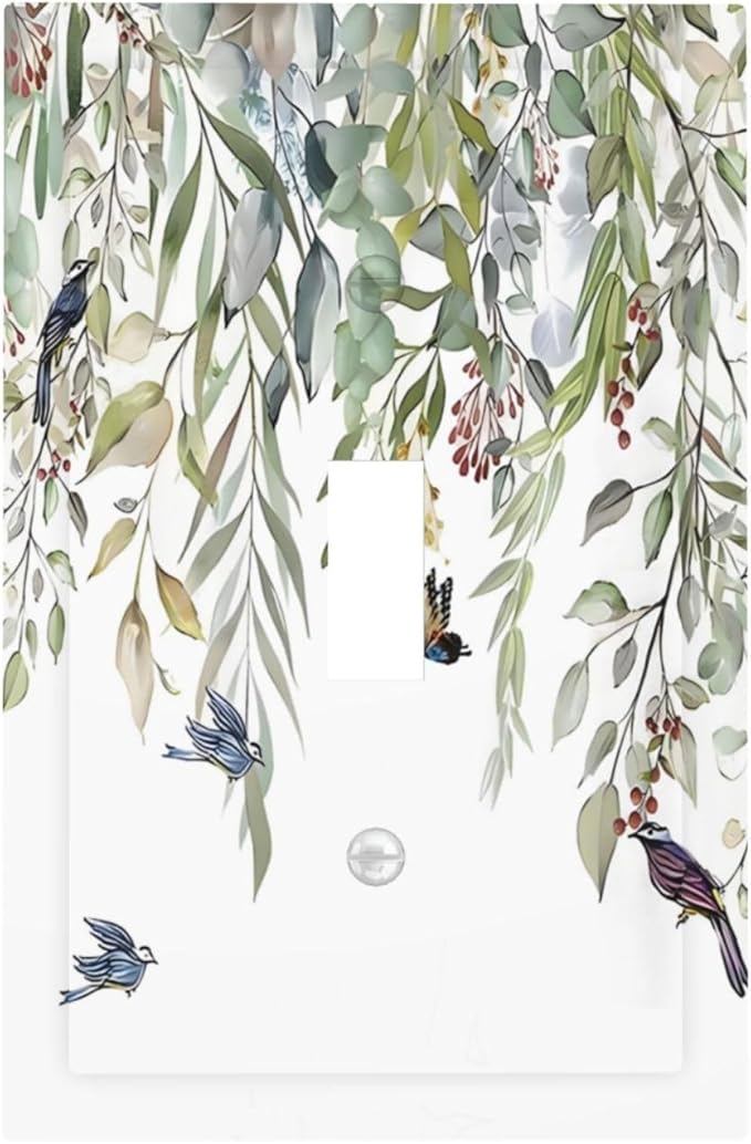 Green Leaf Eucalyptus Leaves Floral Bird Butterfly Decorative Light Switch Cover 1 Gang Single Toggle Device Electrical Faceplate Switchplates Decorator Outlet Wall Plate for Bed Room Living Room