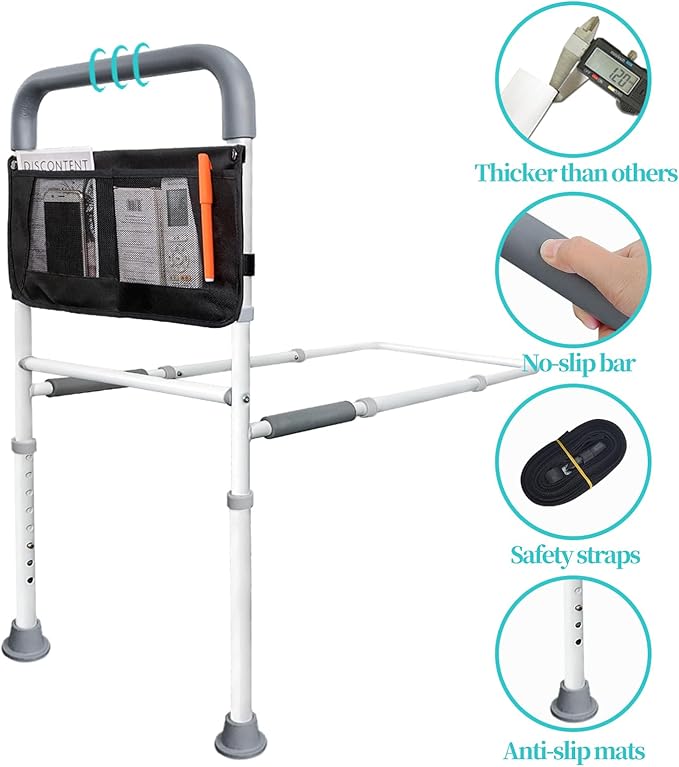 AOHHL Bed Rails for Elderly Adults Safety with Adjustable Heights Storage Pocket Assist Support Side Railings for Seniors Citizens Slides Under Mattressbed Cane Bed Handles Bars (Light Grey)
