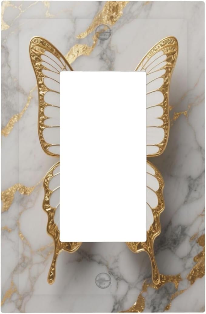 Gold Marble Shine Butterfly Abstract Modern Print Decorative Outlet Covers 1 Gang Single Rocker Light Switch Cover Plate Wall Plates GFCI Faceplate for Bed Room Bathroom Decor