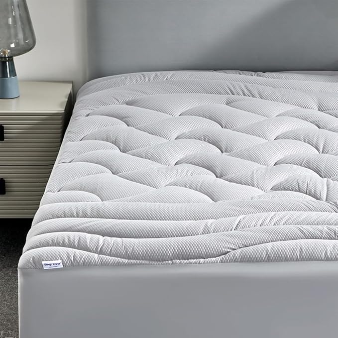 SLEEP ZONE Cooling Queen Mattress Topper for Single Bed, Premium Zoned Quilted Mattress Pad, Fitted Mattress Protector Cover, Machine Wash Durable, Deep Pocket 8-21 inch (Silver Grey, Queen)