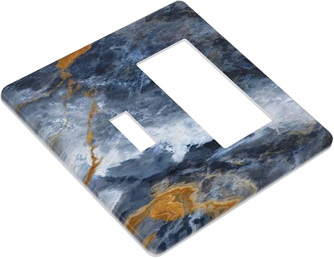 Decorative Outlet Covers Gold Dark Blue Gilt Haze Marble 2-Gang Combo Light Switch Cover Plate Single Toggle/Rocker Wall Plate Plug Switch Plate Covers for Bathroom Decor