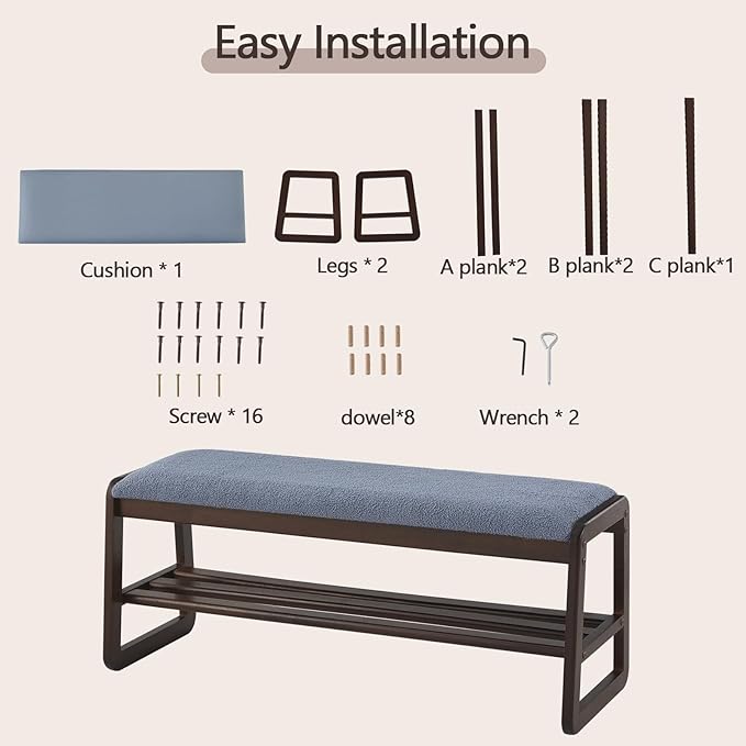 Shoe Rack Bench,2 Tier Wooden Entryway Bench with Shoe Storage, Shoe Rack with Cushion for Living Room, Hallway(Grayish Blue, 39.4")