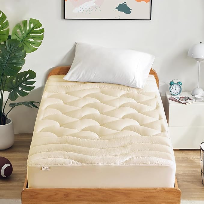 SLEEP ZONE Cooling Twin Mattress Topper for Single Bed, Premium Zoned Cool Mattress Pad Cover, Padded Mattress Protector Breathable Washable, Deep Pocket 8-21" (Beige, Twin)