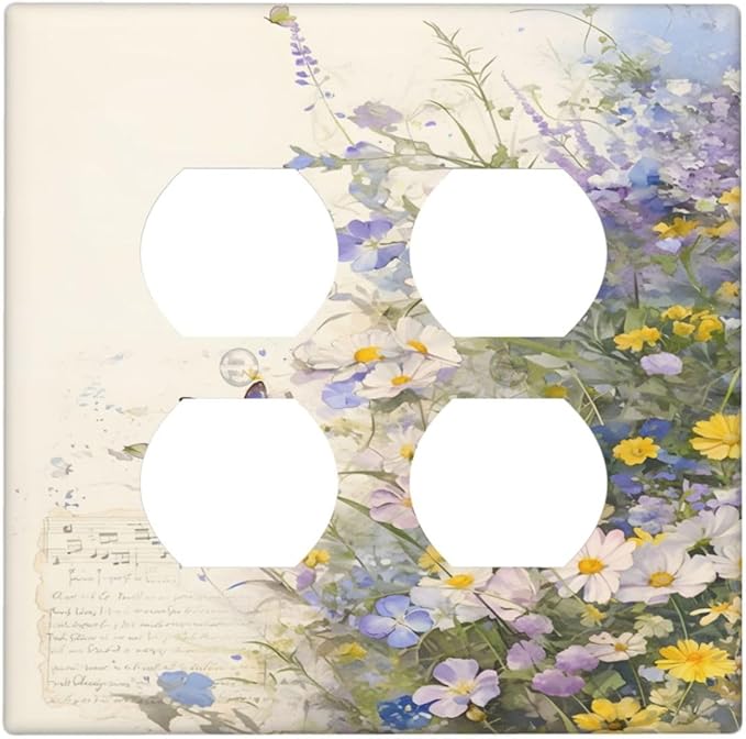 Decorative Switch Plate Covers Purple Flower Butterfly Yellow Daisy 2 Gang Outlet Covers Double Duplex Light Switch Cover Plate Gfci Wall Plate for Bathroom Decor