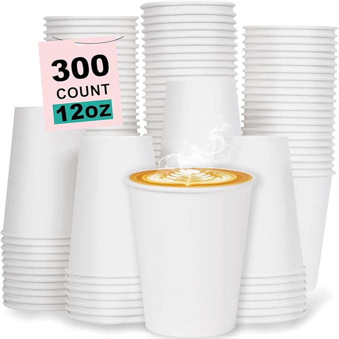 12 oz 300 Pack Disposable Coffee Cups, Bulk White Disposable Paper Cups, Coffee Cups for Hot Tea, Chocolate and Cold Drinks
