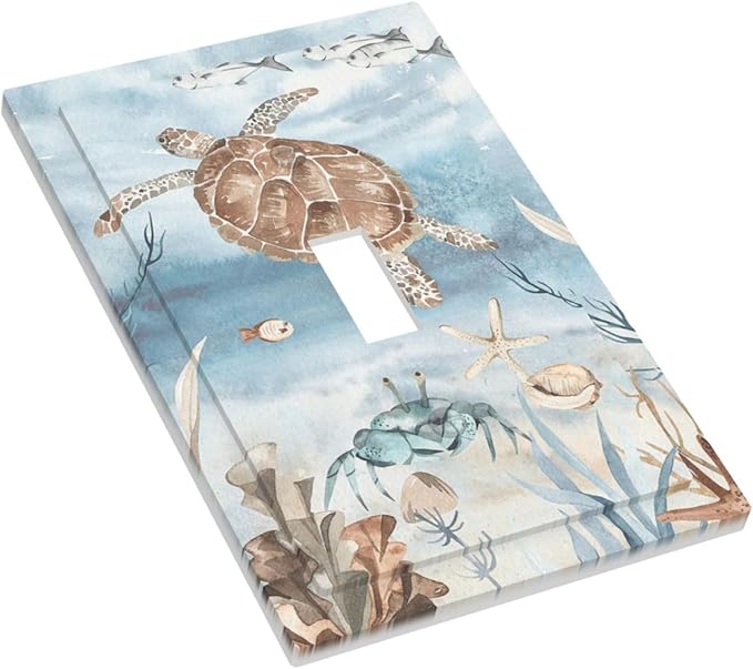Decorative Light Switch Cover Sea Turtle Coral Reef Nauticaltheme 1 Gang Single Toggle Device Electrical Faceplate Switchplates Decorator Outlet Wall Plate for Kids room Bathroom Decor